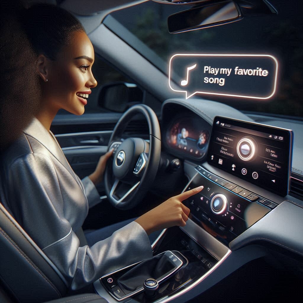 AI generated image of a lady using voice command in her car