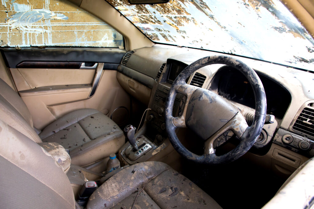 Severely damaged vehicle interior